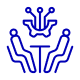 Blue abstract logo with two symmetrical, stylized hand-like shapes on the sides and a geometric crown-like figure above.